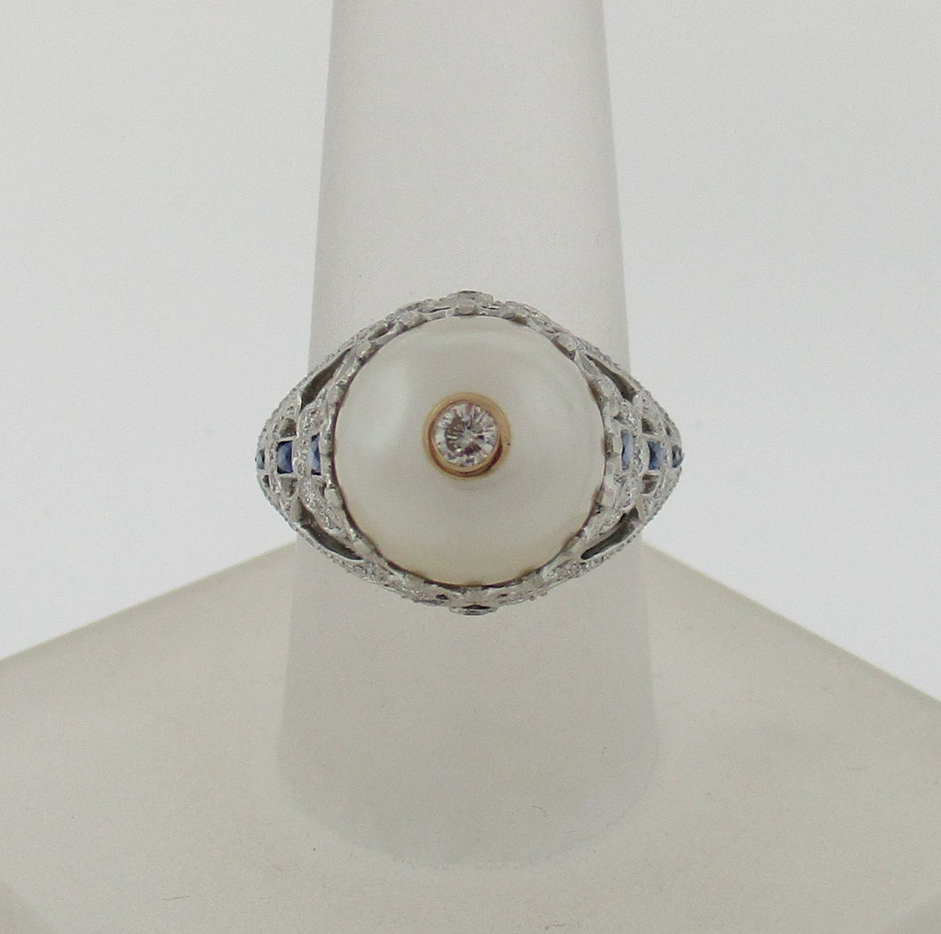 Vintage Style South Sea Pearl, Diamond, and Sapphire Ring
