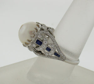 Vintage Style South Sea Pearl, Diamond, and Sapphire Ring