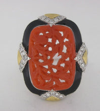 Load image into Gallery viewer, Vintage Style Coral, Diamond, and Enamel Platinum Ring
