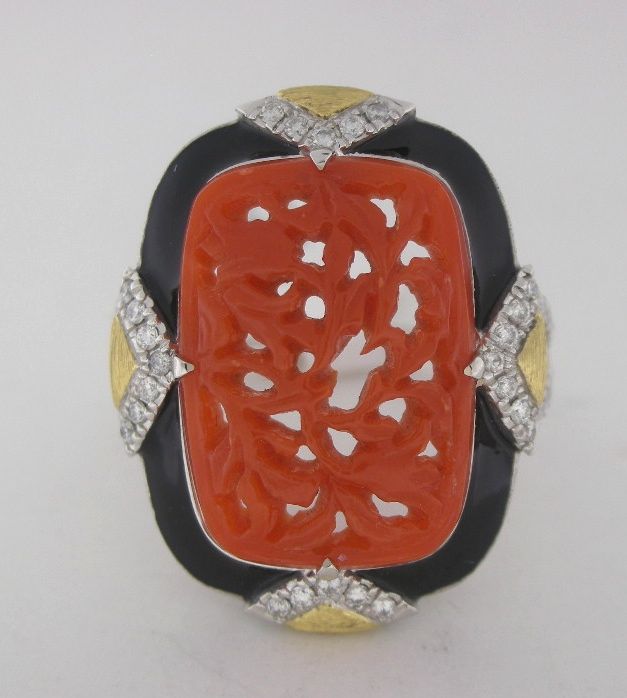 Vintage Style Coral, Diamond, and Enamel Platinum Ring