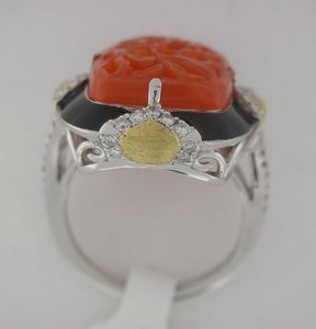 Vintage Style Coral, Diamond, and Enamel Platinum Ring