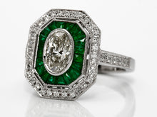 Load image into Gallery viewer, Vintage Style Oval Diamond And Emerald Platinum Ring

