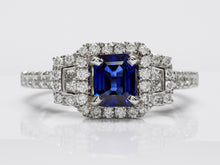 Load image into Gallery viewer, Vivid Blue Square Sapphire and Diamond Platinum Ring
