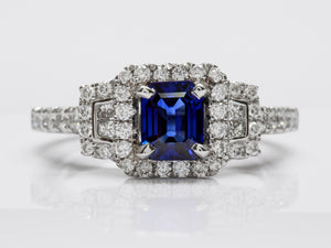 Vivid Blue Square Sapphire and Diamond Platinum Ring
