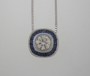 Vintage Style 18k White Gold Diamond and Sapphire Pendant