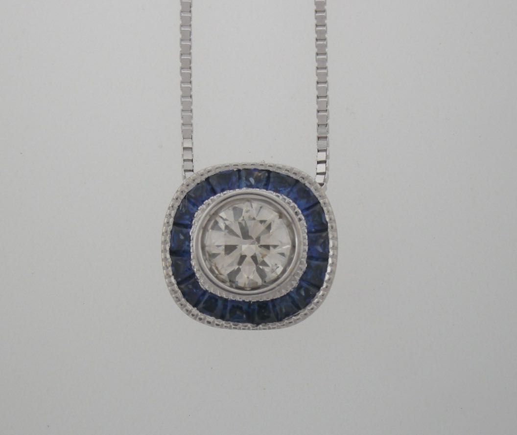 Vintage Style 18k White Gold Diamond and Sapphire Pendant