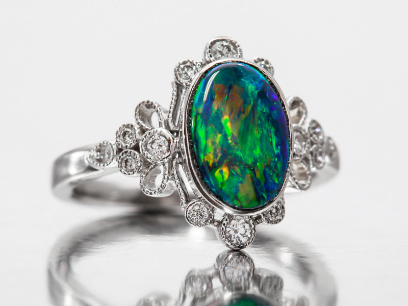 Dainty Black Opal and Diamond Ring