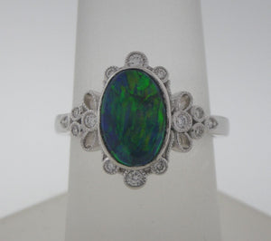 Dainty Black Opal and Diamond Ring