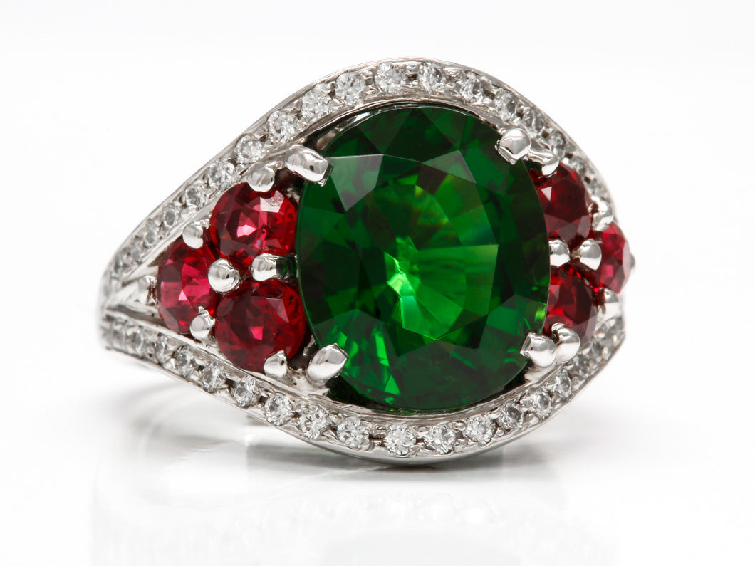 Handmade Christmas Color Tourmaline, Spinel, and Diamond Platinum Ring