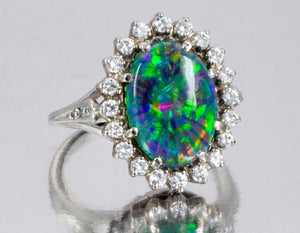 Magnificent Black Crystal Opal and Diamond Ring