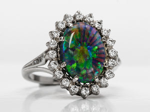 Magnificent Black Crystal Opal and Diamond Ring