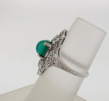 Load image into Gallery viewer, Antique Cabochon Emerald Filigree Ring in 18kt White Gold
