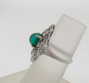 Antique Cabochon Emerald Filigree Ring in 18kt White Gold