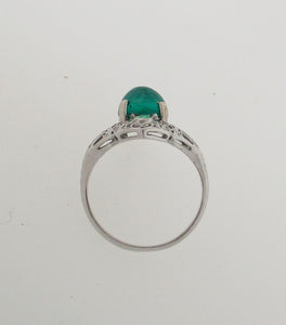 Antique Cabochon Emerald Filigree Ring in 18kt White Gold