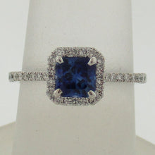 Load image into Gallery viewer, Amazing Asscher Cut Princess Shaped Sapphire and Diamond Halo Ring
