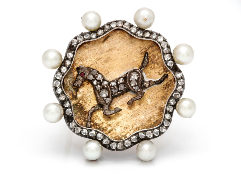 1800s Diamond Horse and Pearl Brooch in 14k and Sterling Silver