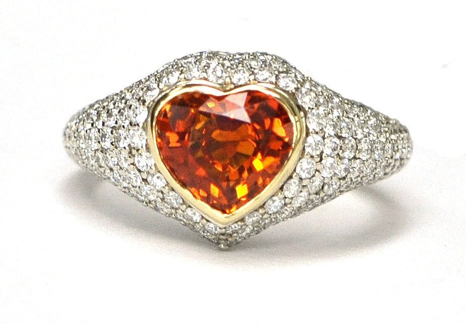 Heart Shaped Vivid Orange Sapphire and Diamond Pave Ring