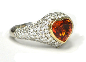 Heart Shaped Vivid Orange Sapphire and Diamond Pave Ring
