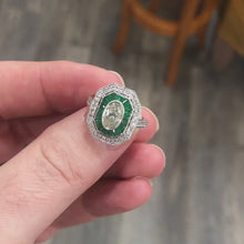 Load and play video in Gallery viewer, Vintage Style Oval Diamond And Emerald Platinum Ring
