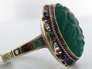 Antique Enameled Gold and Carved Gemstone Garden Fairy Ring