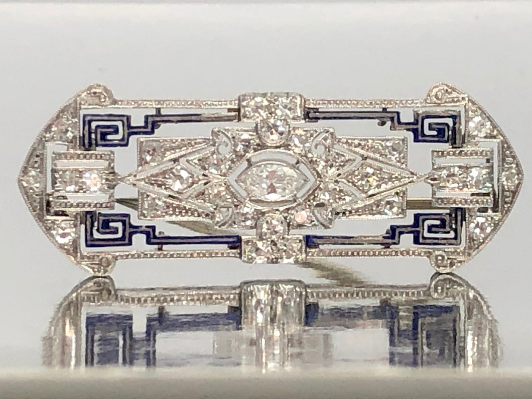 Antique Platinum Diamond Brooch with Enamel