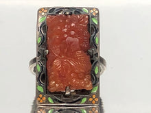 Load image into Gallery viewer, Art Deco Sterling Silver Carved Amber and Enamel Ring With a Floral Motif
