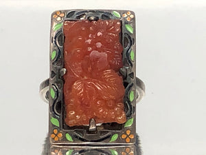 Art Deco Sterling Silver Carved Amber and Enamel Ring With a Floral Motif