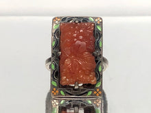 Load image into Gallery viewer, Art Deco Sterling Silver Carved Amber and Enamel Ring With a Floral Motif
