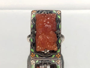 Art Deco Sterling Silver Carved Amber and Enamel Ring With a Floral Motif