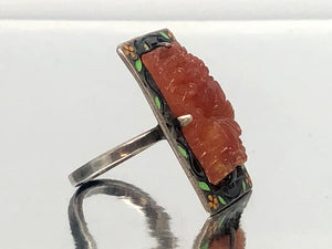 Art Deco Sterling Silver Carved Amber and Enamel Ring With a Floral Motif