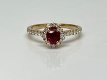 Load image into Gallery viewer, Vivid Ruby and Diamond Halo Ring in Yellow Gold
