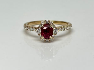 Vivid Ruby and Diamond Halo Ring in Yellow Gold