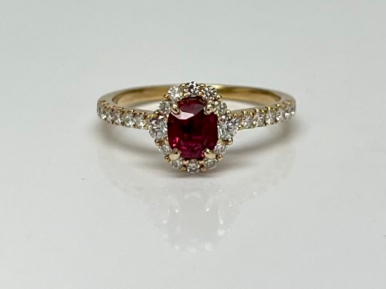 Vivid Ruby and Diamond Halo Ring in Yellow Gold