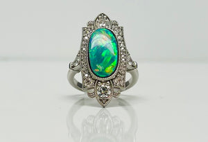Vintage Deco Style Black Opal and Diamond Ring