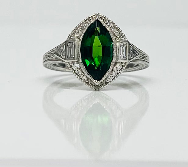 Vintage Chrome Tourmaline Marquise and Diamond Ring in Platinum