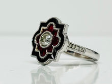 Load image into Gallery viewer, Vintage Style Old European Cut Diamond Ring with Rubies and Onyx in Platinum
