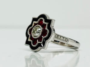 Vintage Style Old European Cut Diamond Ring with Rubies and Onyx in Platinum