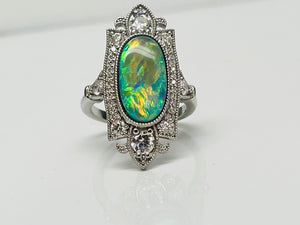 Vintage Deco Style Black Opal and Diamond Ring