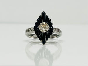 Old Mine Cut Diamond and Black Onyx Ring
