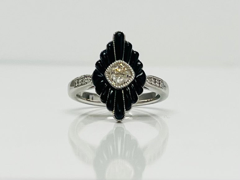 Old Mine Cut Diamond and Black Onyx Ring