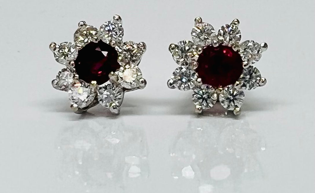 Flowery Ruby and Diamond Stud Earrings