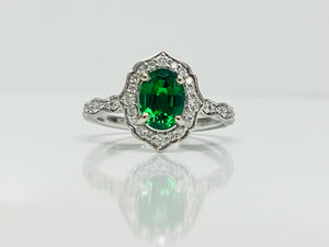 Tsavorite Garnet and Diamond Vintage Style Ring in 14kwg