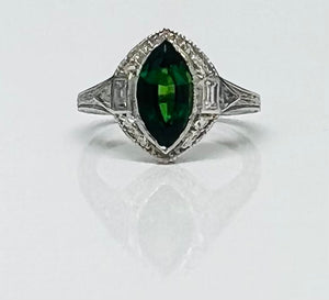 Vintage Chrome Tourmaline Marquise and Diamond Ring in Platinum