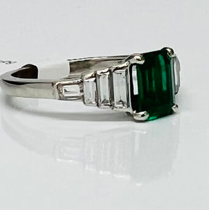 Deco Inspired Vintage Emerald and Baguette Diamond Ring