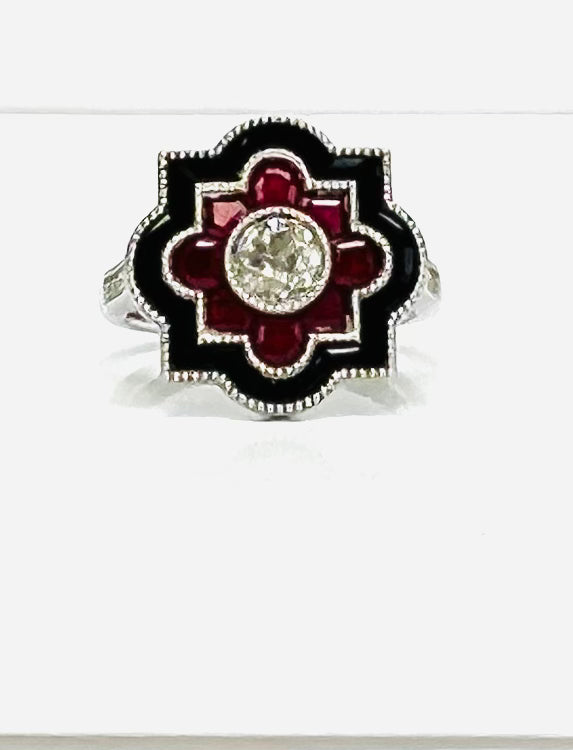 Vintage Style Old European Cut Diamond Ring with Rubies and Onyx in Platinum