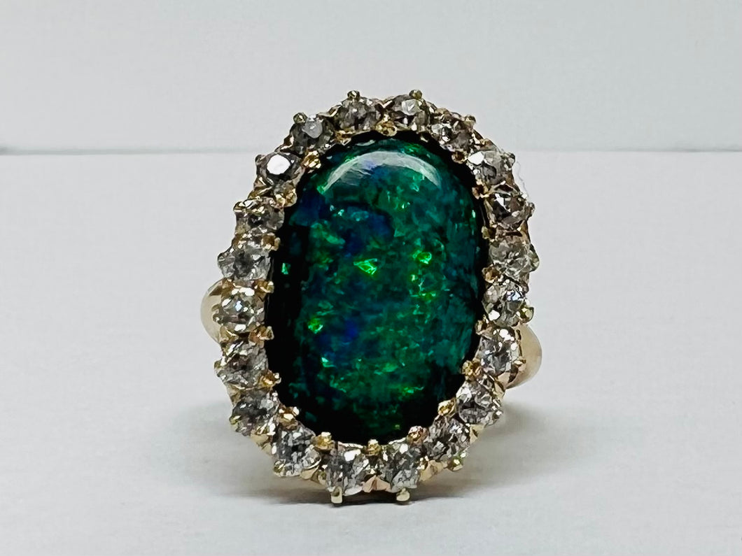 Antique Black Opal and Old European Cut Diamond Ring