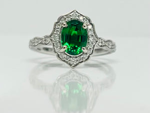 Tsavorite Garnet and Diamond Vintage Style Ring in 14kwg