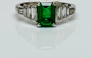 Deco Inspired Vintage Emerald and Baguette Diamond Ring