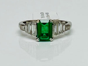 Deco Inspired Vintage Emerald and Baguette Diamond Ring