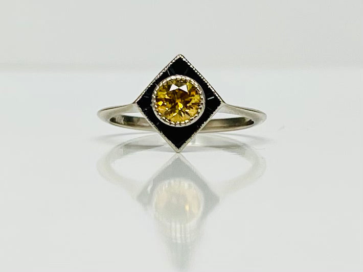 Canary and Onyx Dainty Diamond Ring